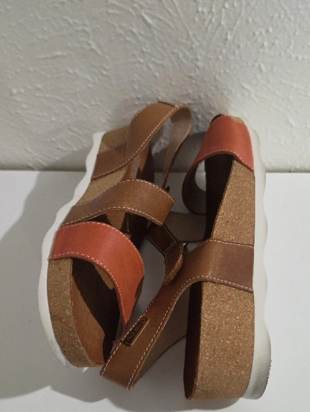PIKOLINOS Tan and Coral Wedge Sandals